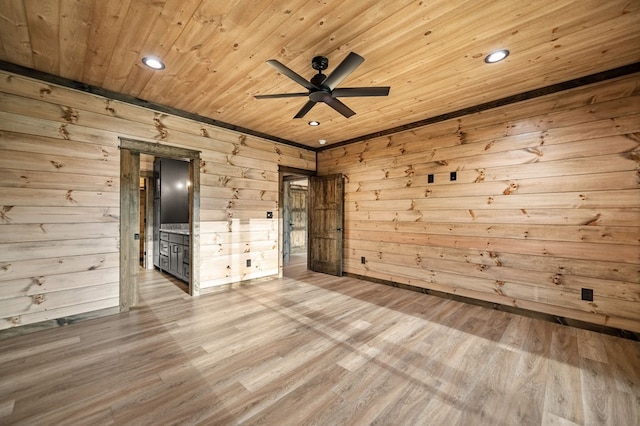 unfurnished room with wood ceiling, wooden walls, and hardwood / wood-style floors