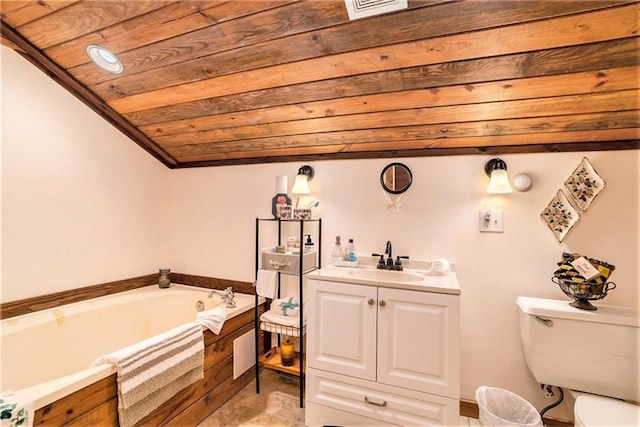 bathroom with a bath, wood ceiling, toilet, and vanity