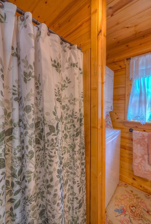 15 June Marie Ln, Murphy, NC 28906 - full bathroom with wood ceiling, curtained shower, and wooden walls