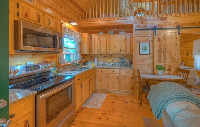 15 June Marie Ln, Murphy, NC 28906 - kitchen featuring appliances with stainless steel finishes, a sink, wooden walls, light wood-style flooring, and a barn door