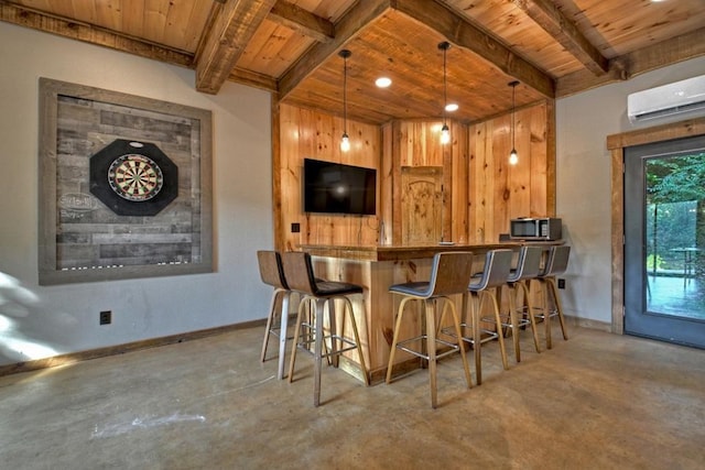 bar featuring pendant lighting, wooden walls, a wall mounted air conditioner, wood ceiling, and concrete flooring