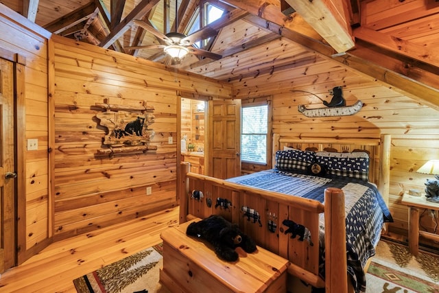 bedroom featuring wooden ceiling, wood walls, and vaulted ceiling with beams