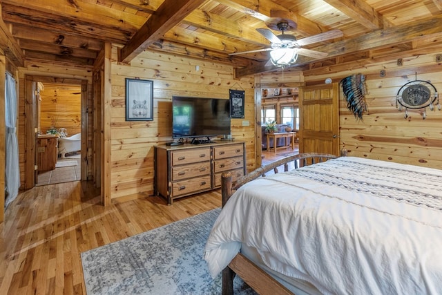 bedroom with beam ceiling, light wood-type flooring, wood ceiling, and wooden walls