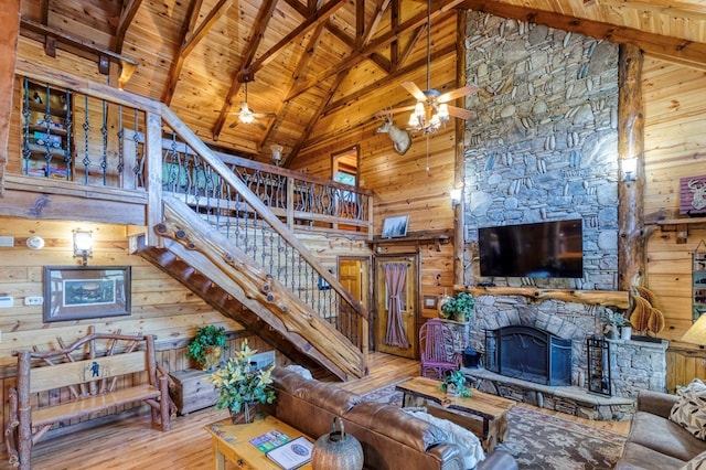 living room featuring wood ceiling, high vaulted ceiling, wood walls, and beamed ceiling