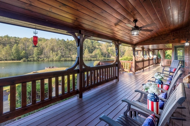 wooden terrace featuring ceiling fan and a water view