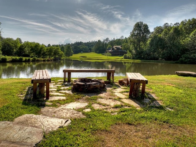 dock area featuring a water view and a yard