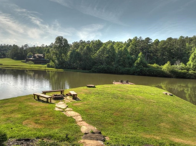 view of property's community with a water view and a yard