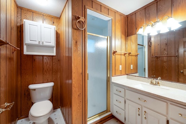 132 Silver Birch Ln, Marble, NC 28905 - full bath with wood walls, vanity, a stall shower, and tile patterned floors