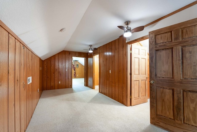 132 Silver Birch Ln, Marble, NC 28905 - interior space with carpet floors, wooden walls, ceiling fan, and vaulted ceiling