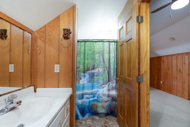 132 Silver Birch Ln, Marble, NC 28905 - bathroom featuring vanity, wood walls, and ceiling fan