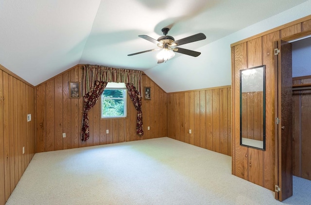 132 Silver Birch Ln, Marble, NC 28905 - bonus room with vaulted ceiling, carpet flooring, wooden walls, and ceiling fan