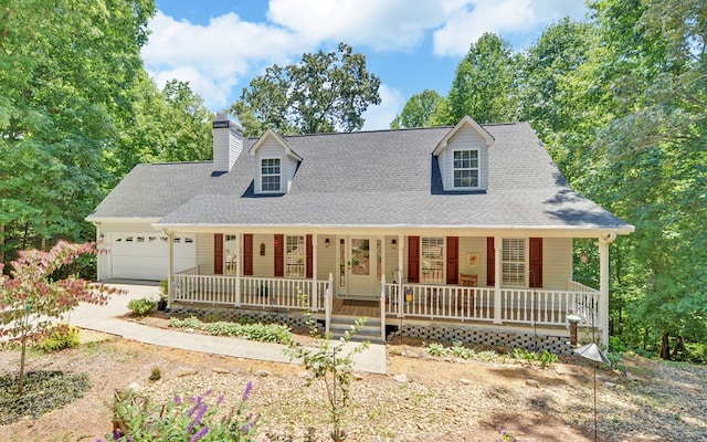 cape cod home with a garage and covered porch