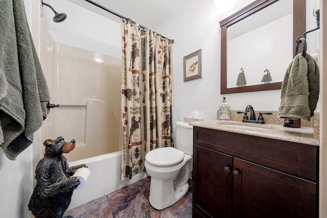 full bathroom with vanity, toilet, and shower / bathtub combination with curtain