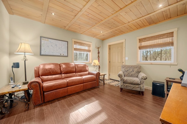 living room with wood finished floors, wood ceiling, and a healthy amount of sunlight