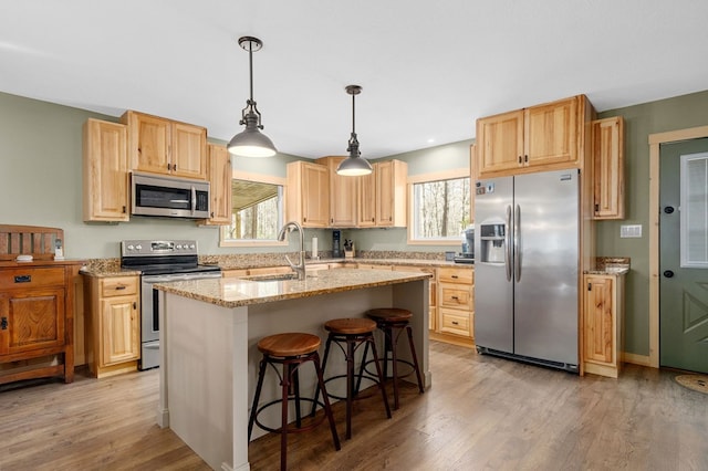 kitchen featuring a sink, plenty of natural light, light brown cabinets, and stainless steel appliances