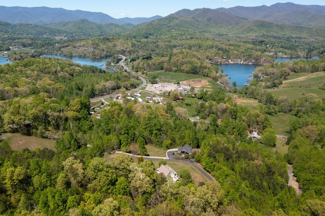 aerial view featuring a forest view and a water and mountain view