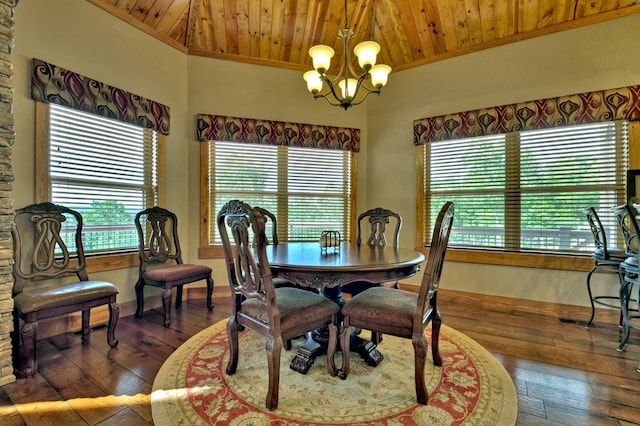 dining area with baseboards, wood ceiling, wood-type flooring, ornamental molding, and a notable chandelier