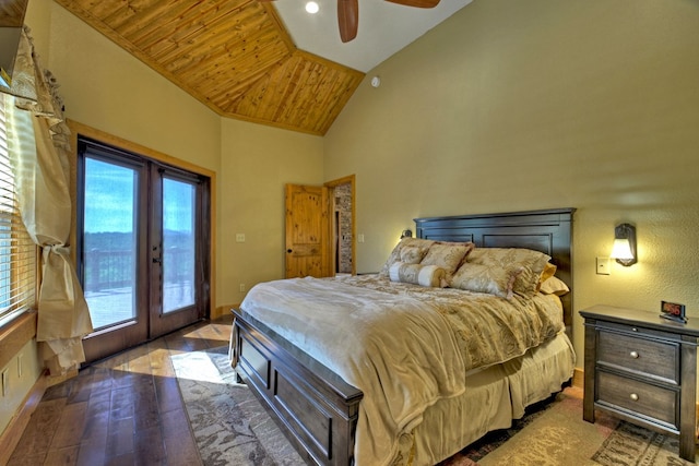 bedroom featuring wooden ceiling, hardwood / wood-style flooring, access to outside, french doors, and high vaulted ceiling