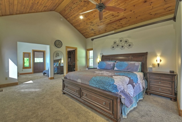 carpeted bedroom featuring ceiling fan, high vaulted ceiling, wood ceiling, and baseboards