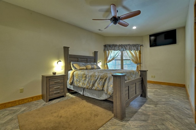 bedroom with visible vents, ceiling fan, and baseboards