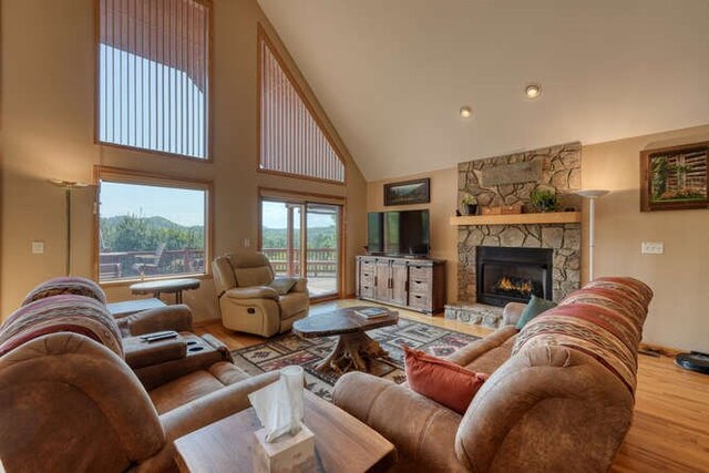 246 Serenity Pointe Dr, Murphy, NC 28906 - living area featuring a high ceiling, a stone fireplace, and wood finished floors