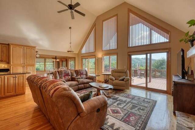 246 Serenity Pointe Dr, Murphy, NC 28906 - living area with high vaulted ceiling, a ceiling fan, and light wood-type flooring