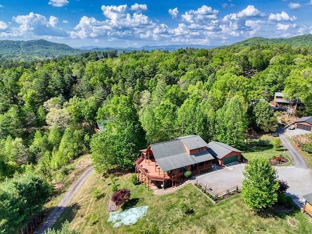 bird's eye view with a mountain view and a wooded view