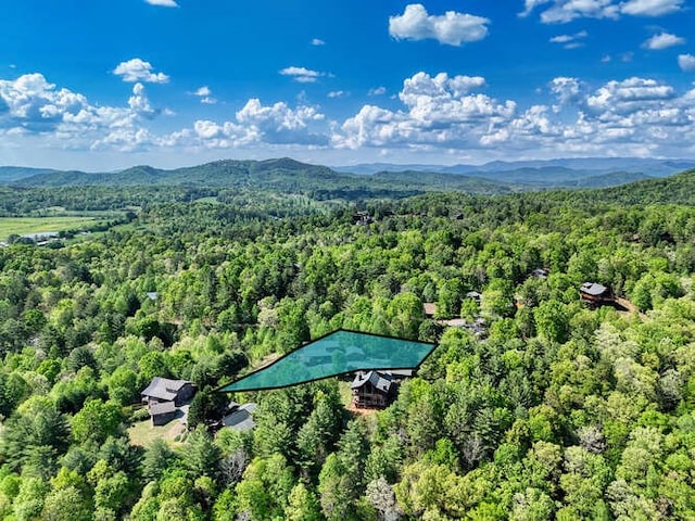 drone / aerial view featuring a view of trees and a mountain view