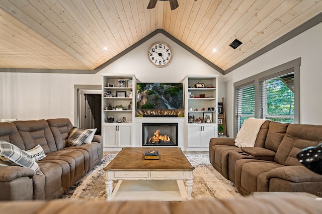 living room featuring ceiling fan, vaulted ceiling, light hardwood / wood-style flooring, and wooden ceiling