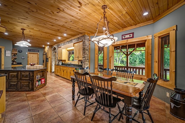 dining room featuring wooden ceiling, recessed lighting, light tile patterned floors, and ornamental molding