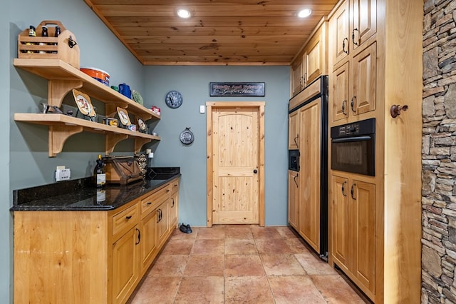 kitchen featuring paneled built in refrigerator, black oven, wooden ceiling, open shelves, and dark stone countertops