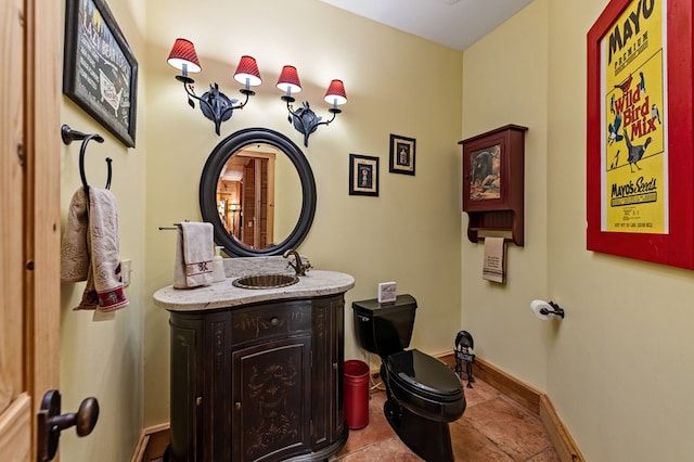 half bath with vanity, toilet, and baseboards