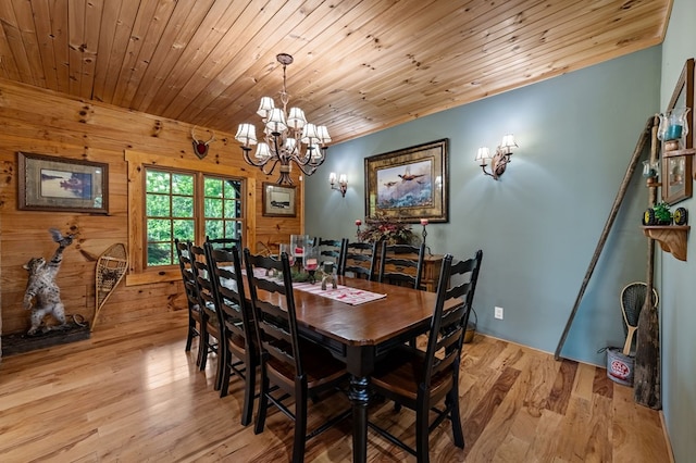 dining room with a chandelier, light wood-style floors, wood walls, and wooden ceiling