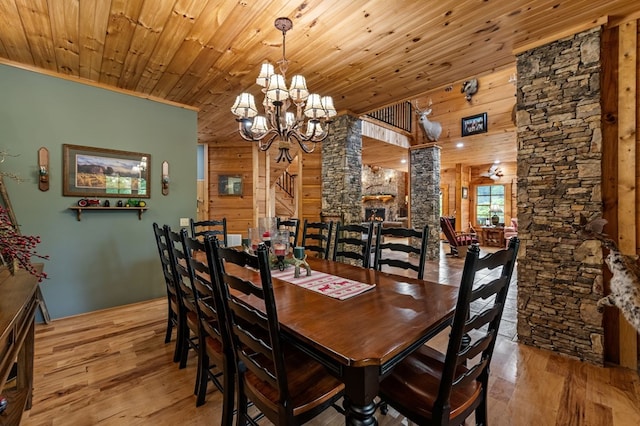 dining room featuring hardwood / wood-style floors, a chandelier, wooden walls, and wood ceiling