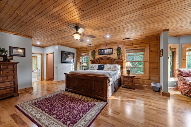 bedroom with light wood finished floors, recessed lighting, baseboards, wooden ceiling, and ornamental molding