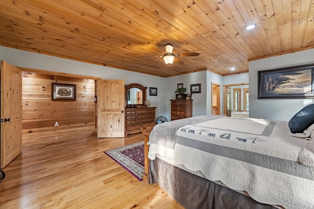 bedroom with light wood-type flooring, ornamental molding, and recessed lighting