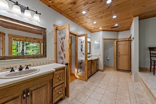 full bathroom featuring recessed lighting, toilet, wooden ceiling, tile patterned flooring, and vanity