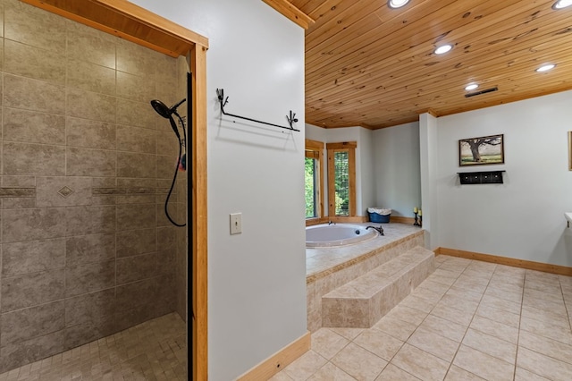 full bathroom featuring wood ceiling, recessed lighting, baseboards, a tile shower, and a garden tub