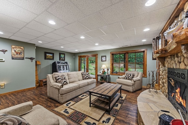 living area with wood finished floors, a stone fireplace, baseboards, and recessed lighting