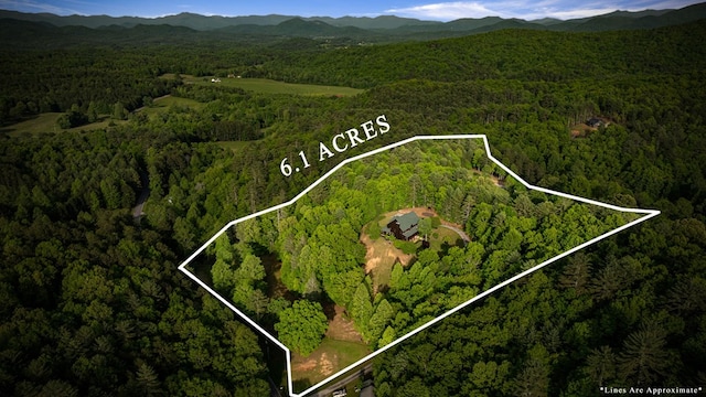 view of property location with a forest, property parcel outlined, and a mountainous background