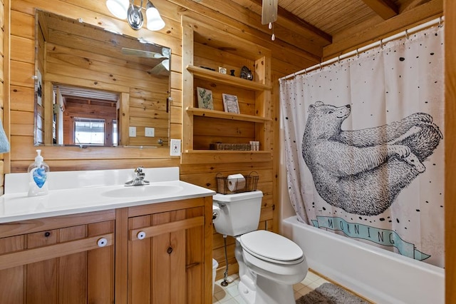 full bathroom featuring toilet, wood ceiling, beam ceiling, and wood walls