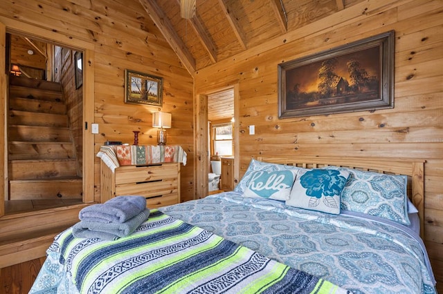 bedroom with vaulted ceiling with beams, wood-type flooring, wooden ceiling, and wood walls