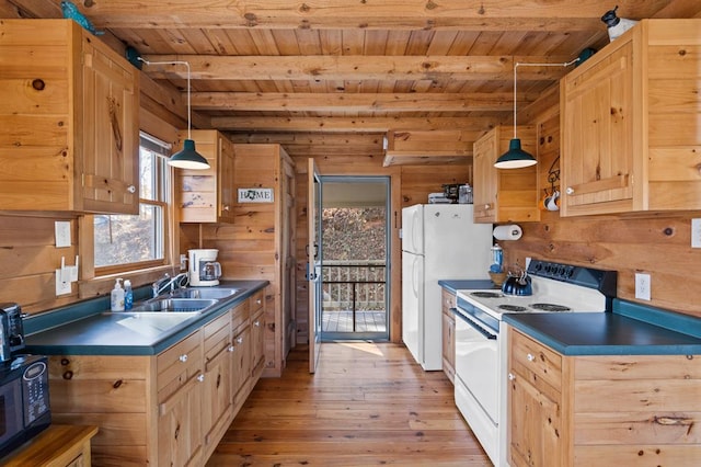 kitchen with wooden ceiling, pendant lighting, white appliances, beam ceiling, and light hardwood / wood-style floors