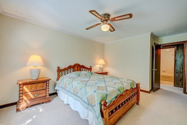 bedroom featuring a ceiling fan, a textured ceiling, baseboards, crown molding, and carpet floors