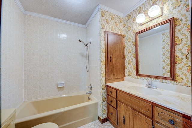 bathroom with bathtub / shower combination, wallpapered walls, a textured ceiling, vanity, and ornamental molding