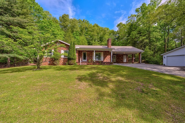 ranch-style house with brick siding, driveway, an attached carport, a front lawn, and a chimney