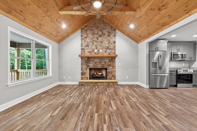 89 Pamela Ct, Ellijay, GA 30540 - unfurnished living room with wood finished floors, wood ceiling, ceiling fan, a fireplace, and recessed lighting