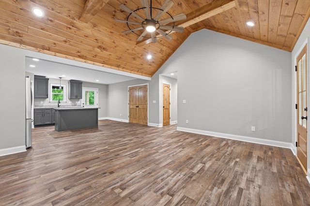 89 Pamela Ct, Ellijay, GA 30540 - unfurnished living room with wooden ceiling, a ceiling fan, dark wood-type flooring, recessed lighting, and high vaulted ceiling