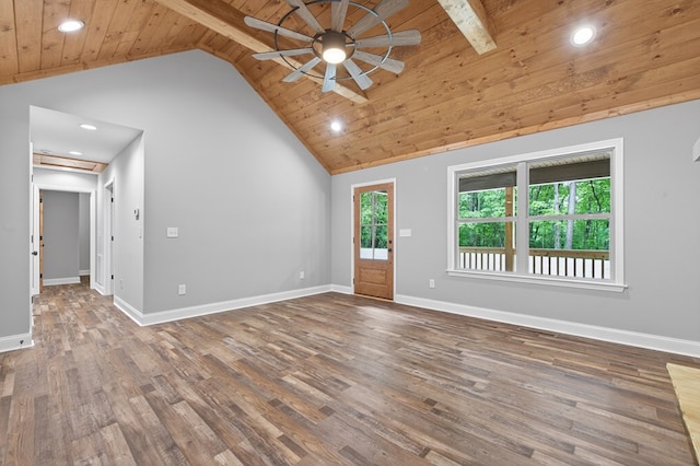 89 Pamela Ct, Ellijay, GA 30540 - unfurnished living room with a wood ceiling with exposed beams, ceiling fan, recessed lighting, wood finished floors, and high vaulted ceiling