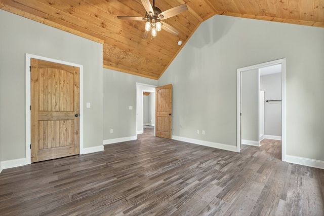 89 Pamela Ct, Ellijay, GA 30540 - unfurnished bedroom featuring wood ceiling, dark wood-style flooring, high vaulted ceiling, and a ceiling fan